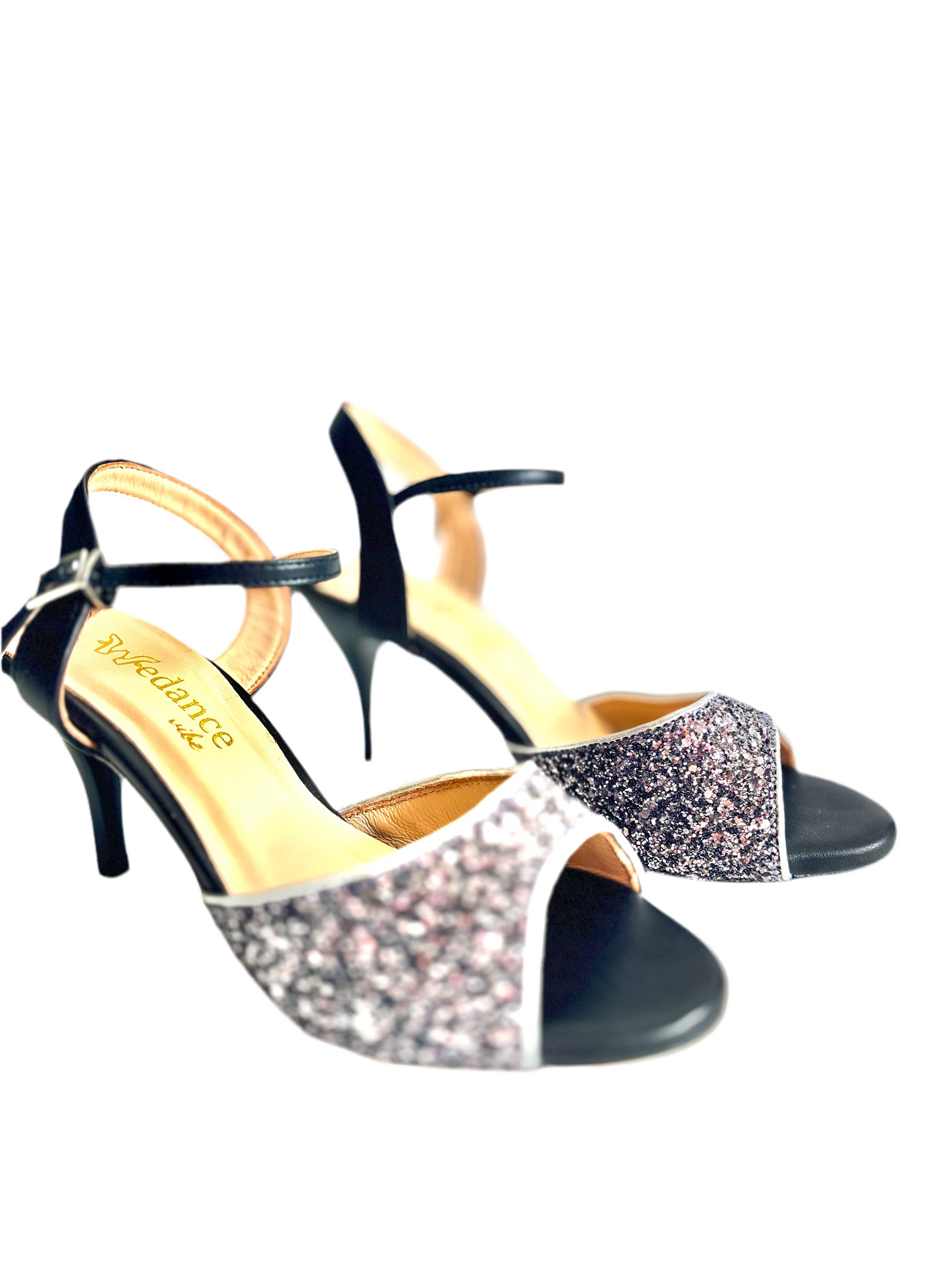 Stella – Black & Glitter Ankle Strap Tango Shoe, 7.5 cm Heel