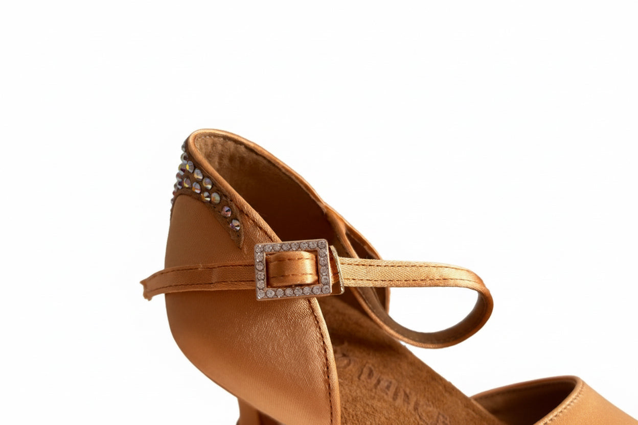 159B Smooth Ballroom Performance Shoes for Women – Tan Satin, Rhinestone Embellished, Comfortable Dance Heels - BD Dance - Wedance