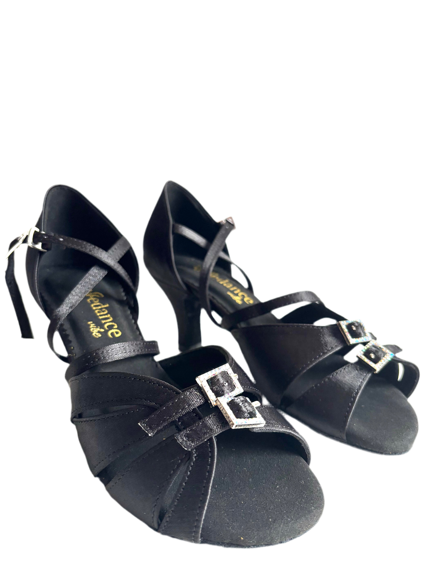 WV 1414 Black Satin with Crystal Buckles, 2.5” Heel, Wide