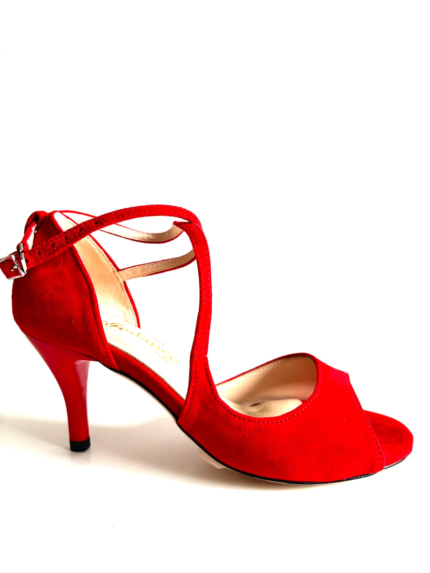 Roja Cross – Red Suede Tango Shoes with 7.5 cm Heel and Crisscross Ankle Strap (Wide Fit)