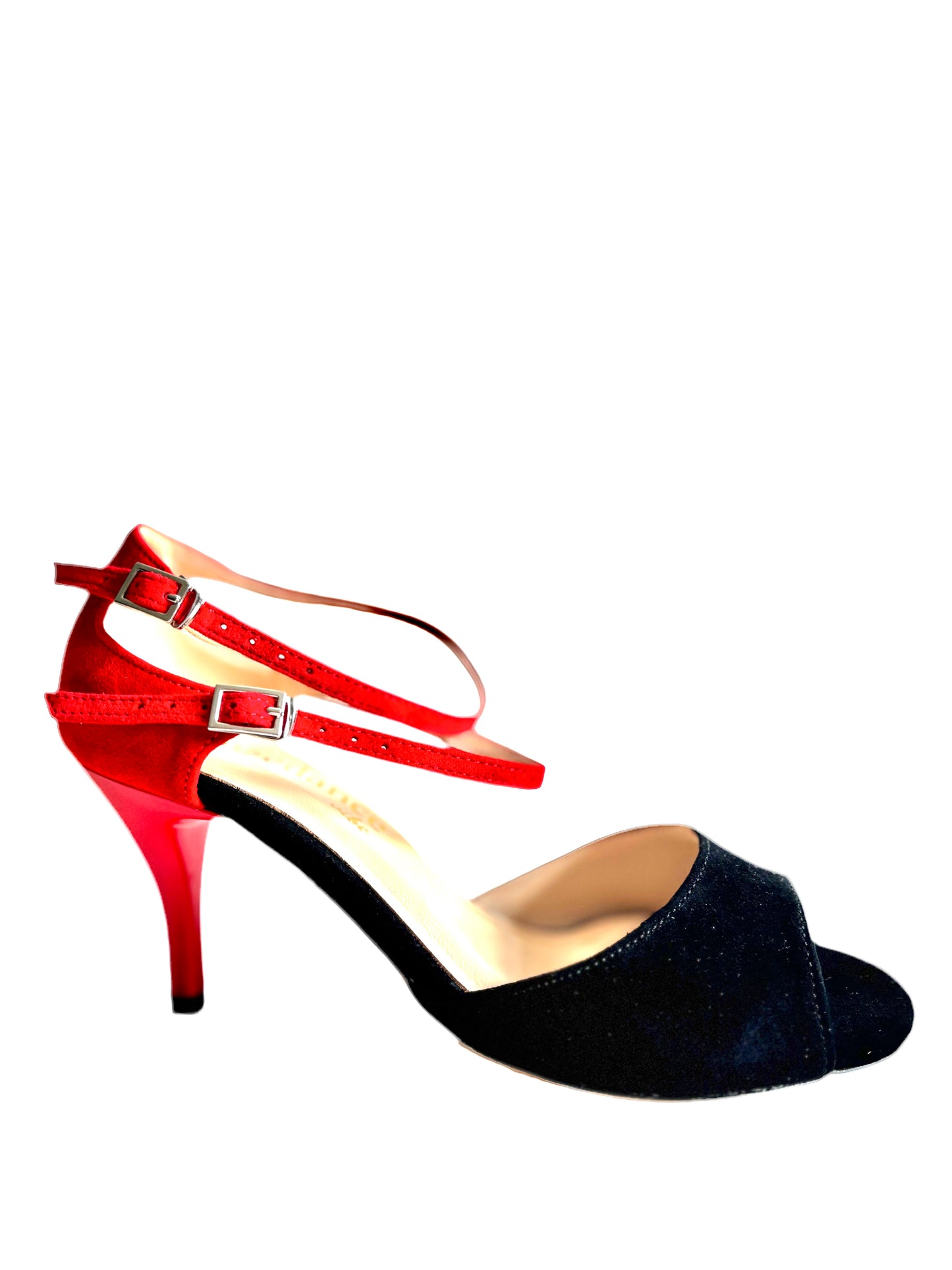Coralina – Black & Red Suede Salsa, Tango Shoes with 7.5 cm Red Heel, Wide