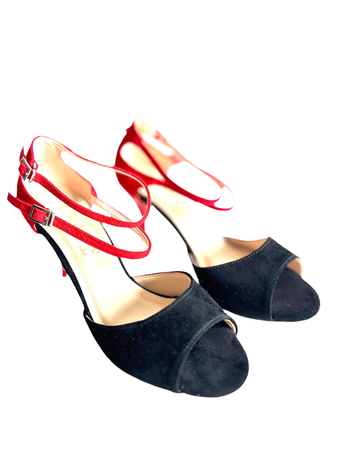 Coralina – Black & Red Suede Salsa, Tango Shoes with 7.5 cm Red Heel, Wide