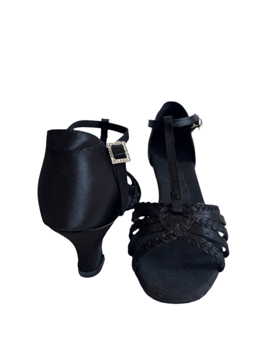 BD Dance Women's Latin Dance Shoes, Black Satin, Natural Suede Insole, 55mm/ 2’ heel, Salsa, Bachata