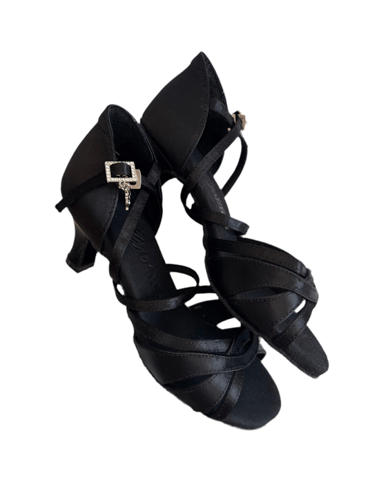 BD Dance Women's Latin Dance Shoes, Black Satin, Natural Suede Insole, 65mm/ 2.5’ heel, Salsa, Bachata