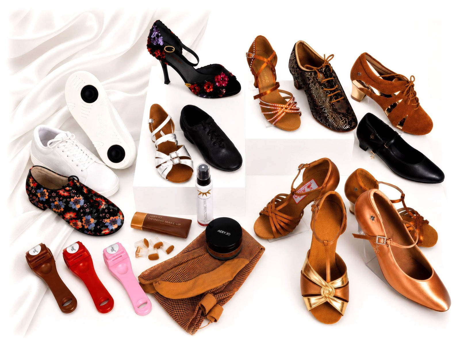 Wedance dance shoes & accessories flat-lay with Google Reviews 5.0 stars
