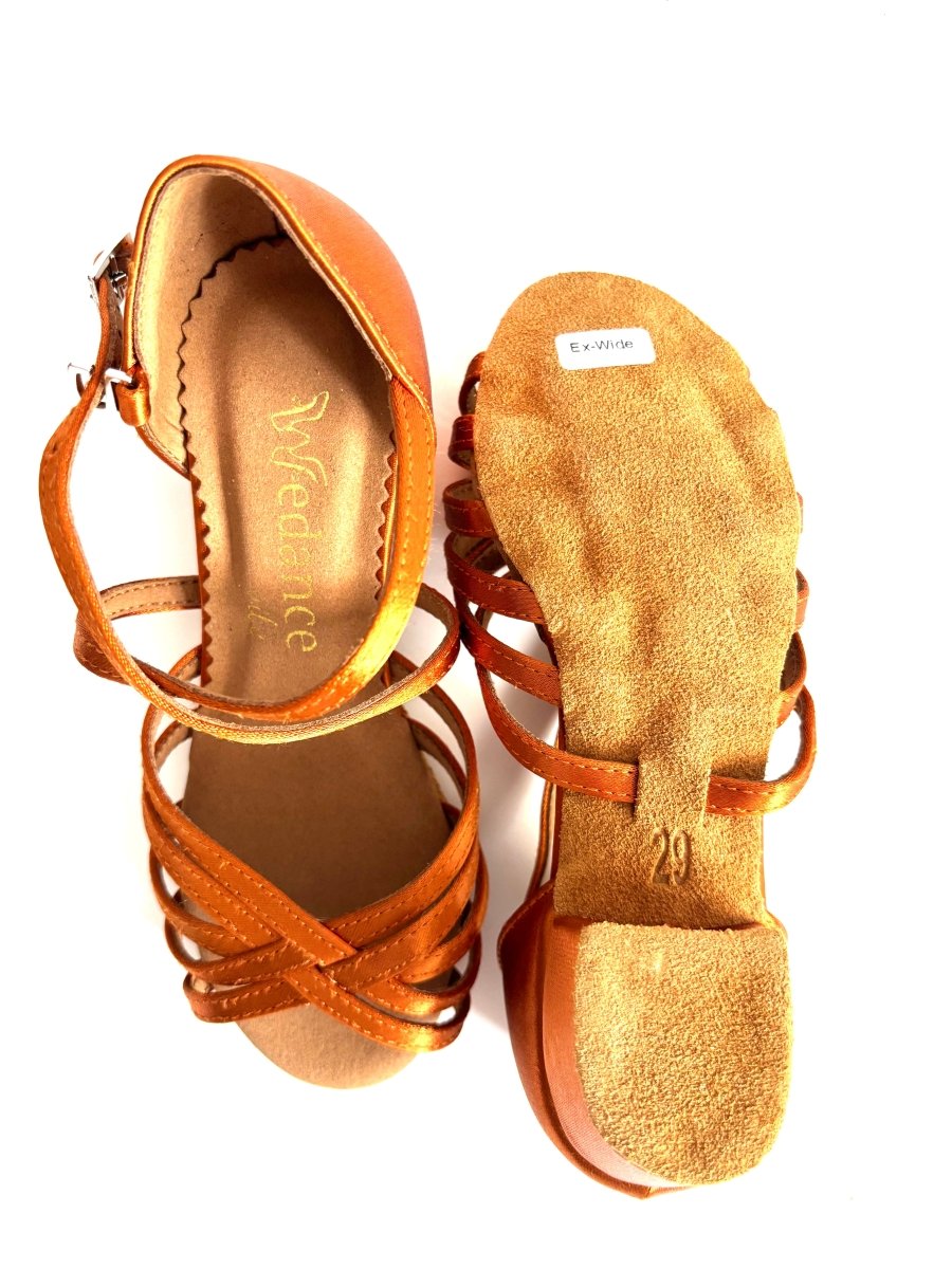 Kids’ Latin Dance Shoes - Aria, Tan Satin (Wide Fit) - Dance Shoes - Wedance Vibe - Wedance