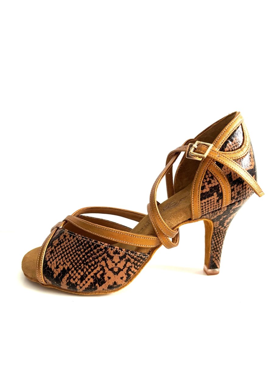 BD Dance Women's Latin Dance Shoes, Snake Leather, Natural Suede Insole, 75mm/ 3’ heel, Salsa, Bachata