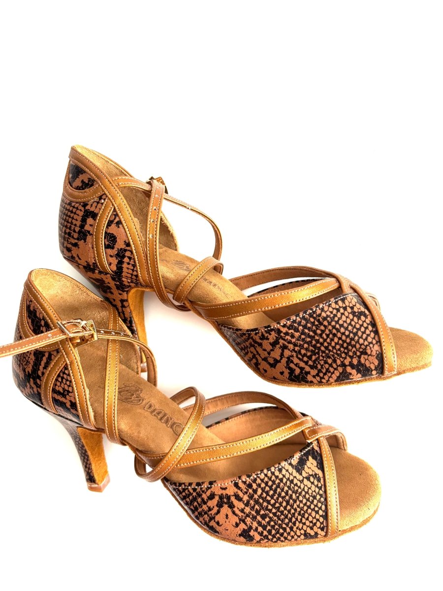 BD Dance Women's Latin Dance Shoes, Snake Leather, Natural Suede Insole, 75mm/ 3’ heel, Salsa, Bachata