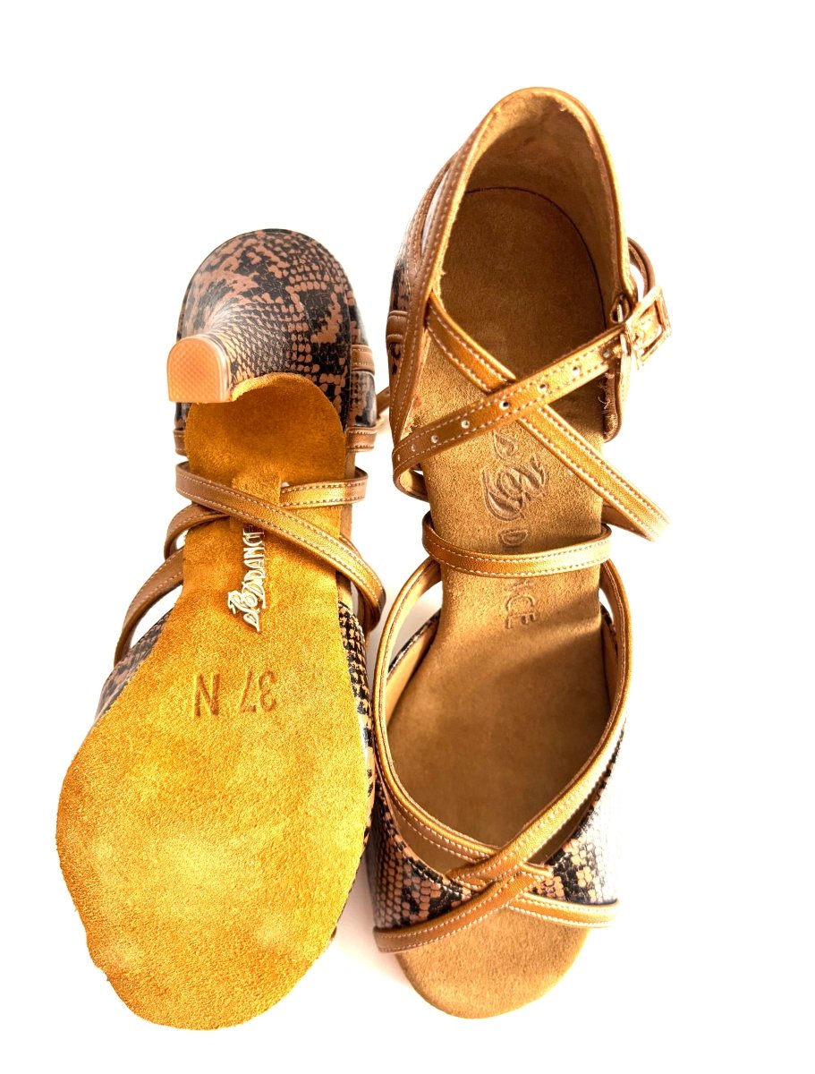 BD Dance Women's Latin Dance Shoes, Snake Leather, Natural Suede Insole, 75mm/ 3’ heel, Salsa, Bachata
