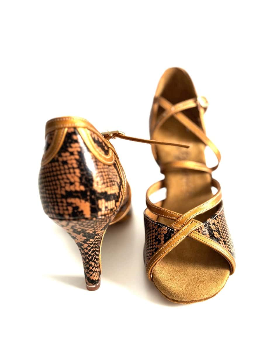 BD Dance Women's Latin Dance Shoes, Snake Leather, Natural Suede Insole, 75mm/ 3’ heel, Salsa, Bachata