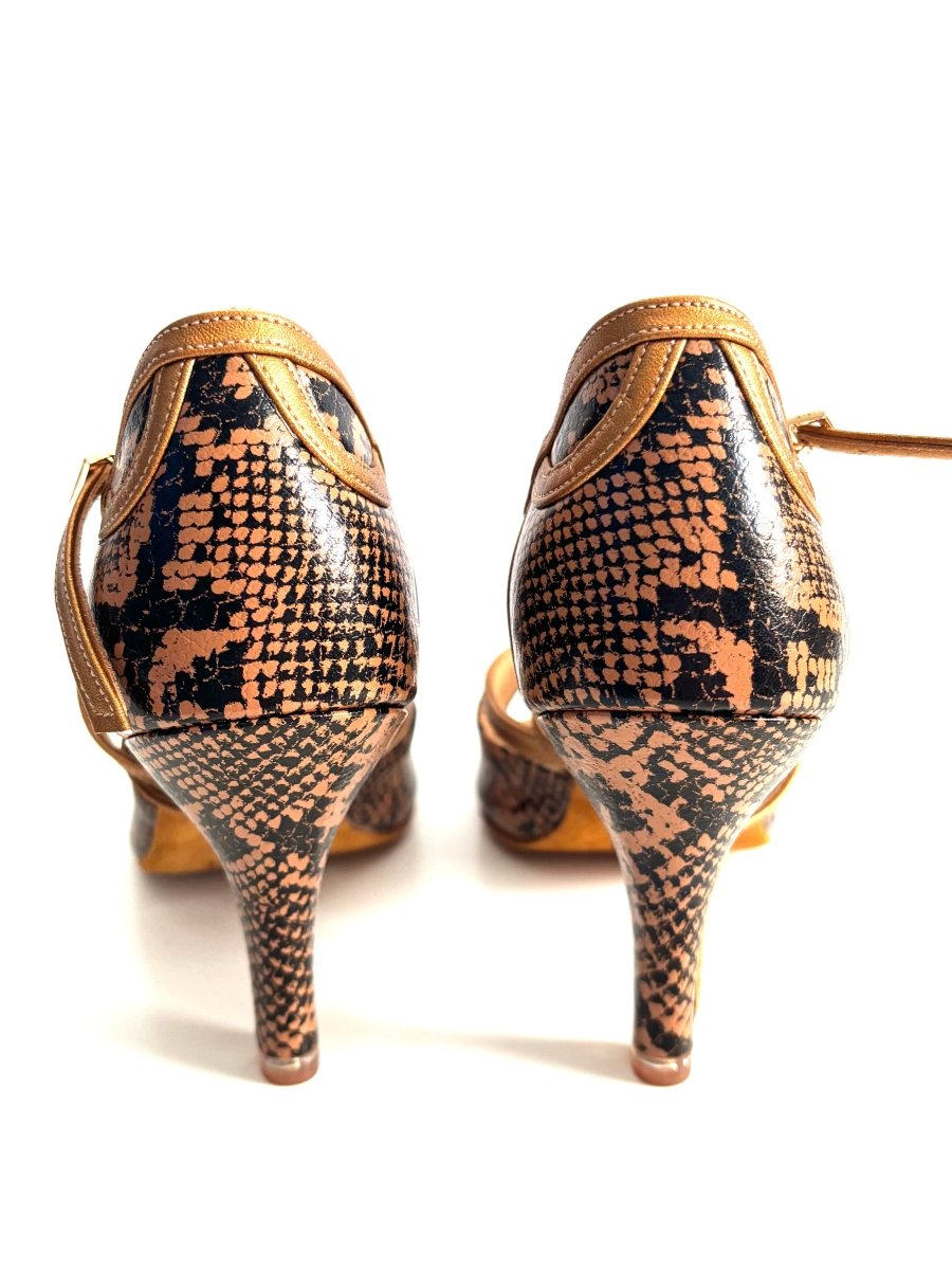 BD Dance Women's Latin Dance Shoes, Snake Leather, Natural Suede Insole, 75mm/ 3’ heel, Salsa, Bachata