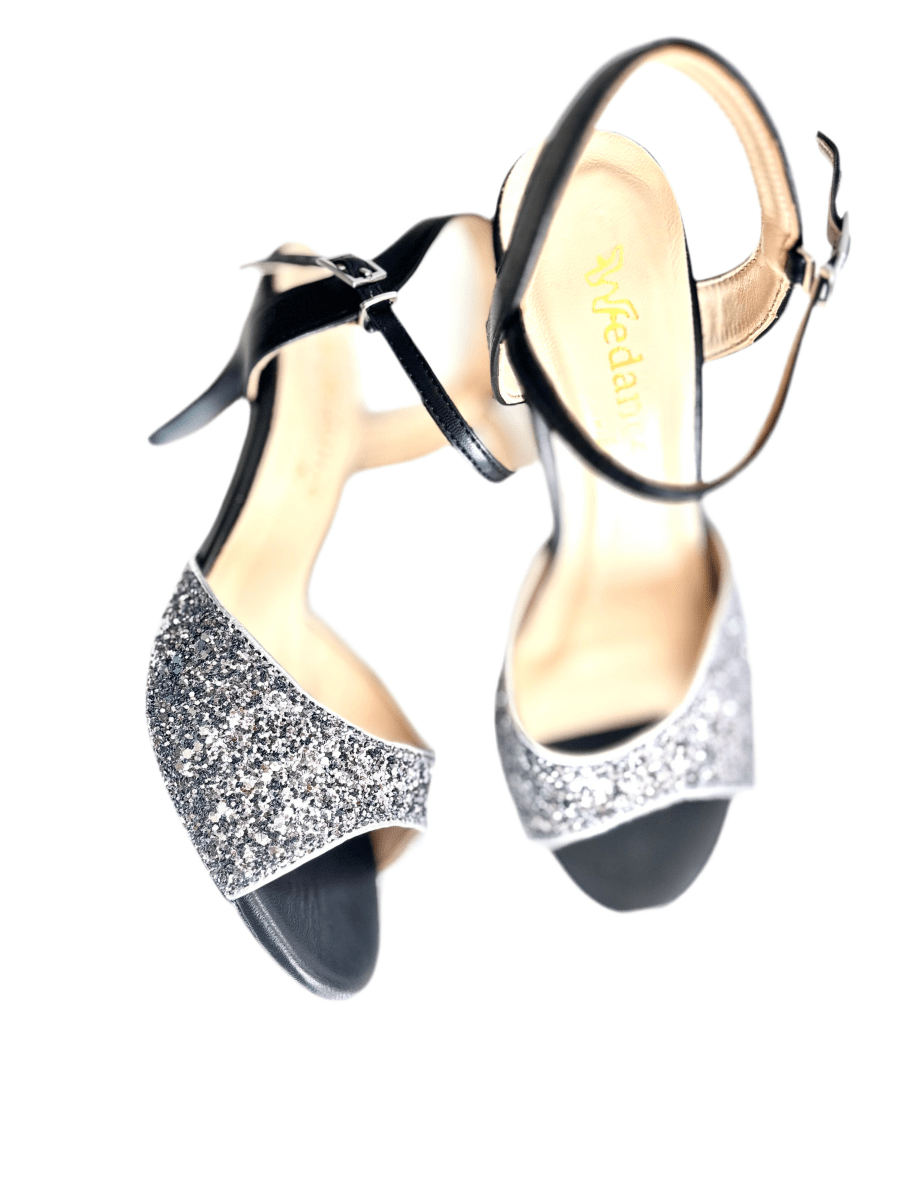Stella – Black & Glitter Ankle Strap Tango Shoes, 75 mm / 3" Heel - Wedance Vibe