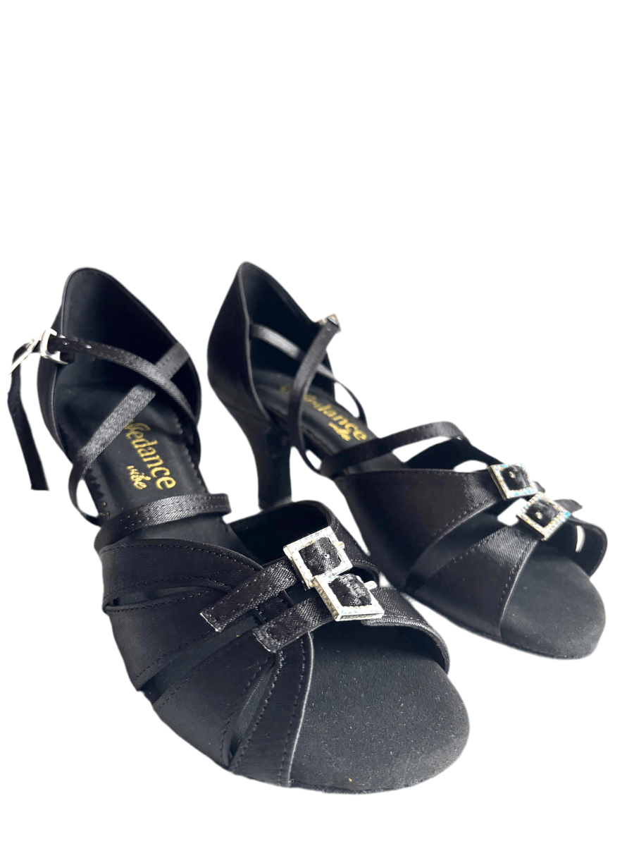 Black Satin Dancing Shoes with Crystal Buckles, 2.5” Heel, Wide - Wedance Vibe