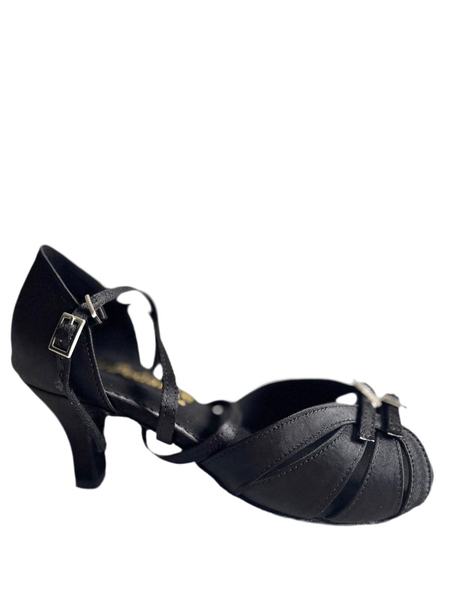 Black Satin Dancing Shoes with Crystal Buckles, 2.5” Heel, Wide - Wedance Vibe