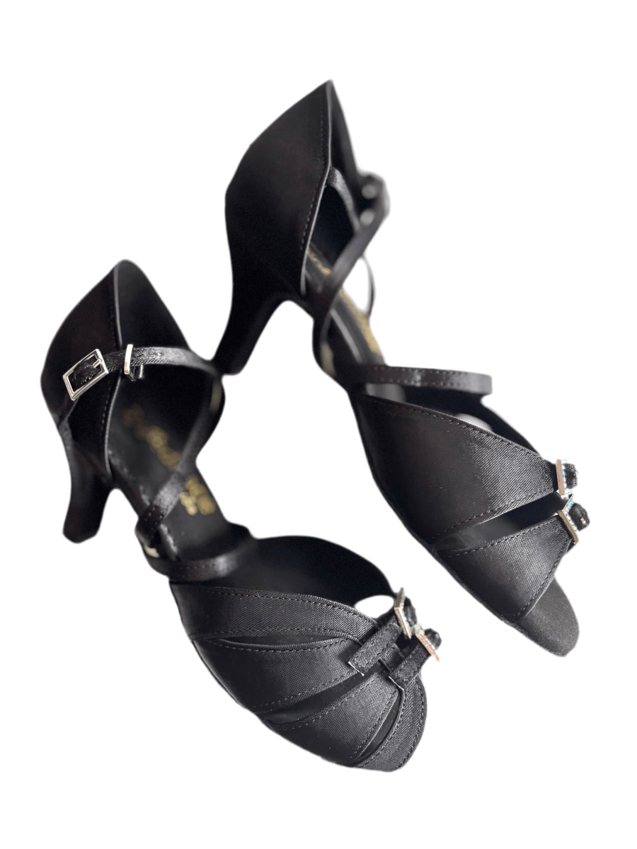 Black Satin Dancing Shoes with Crystal Buckles, 2.5” Heel, Wide - Wedance Vibe