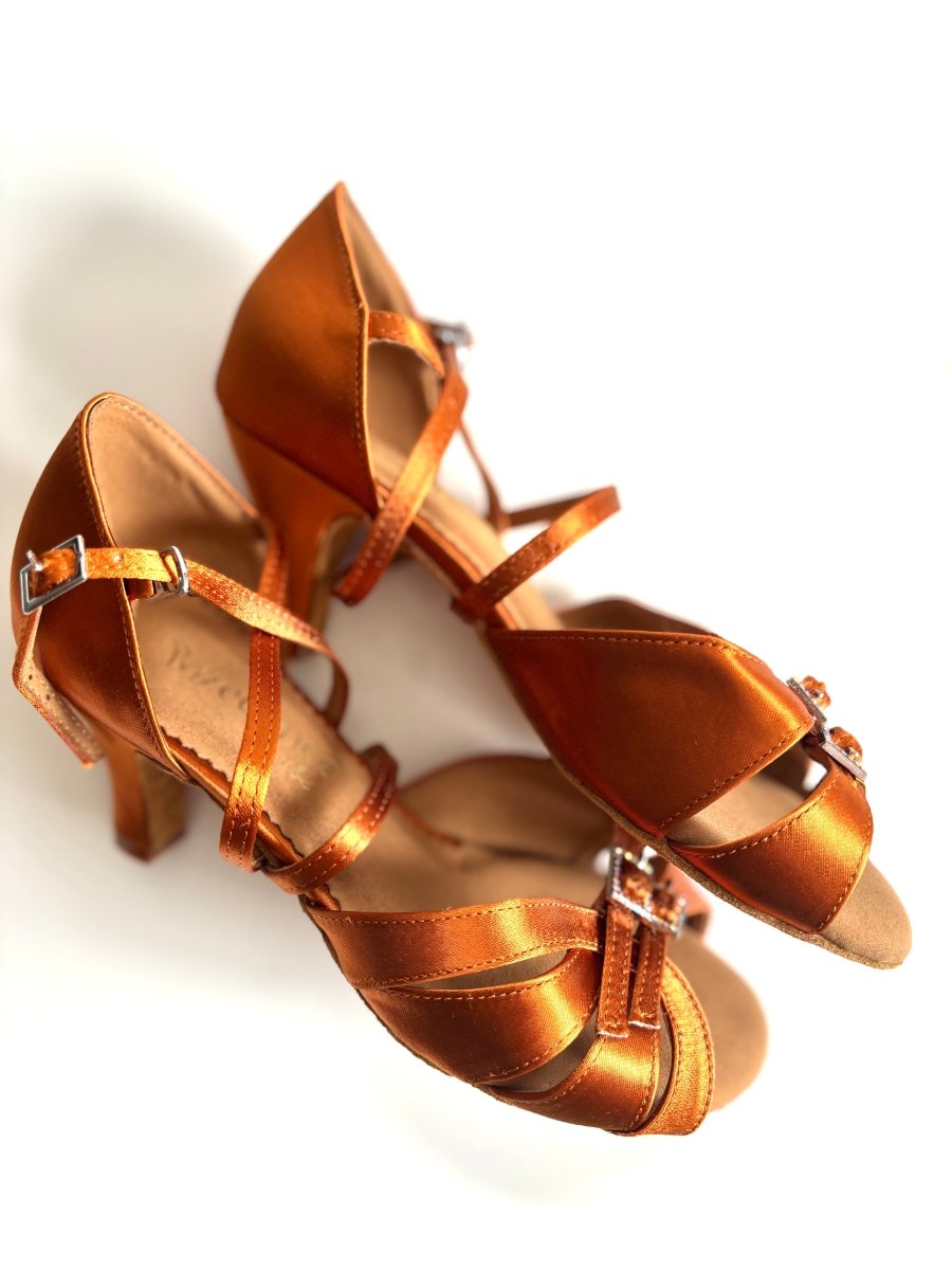 Tan Satin Wide Latin Dance Heels - Wedance Vibe