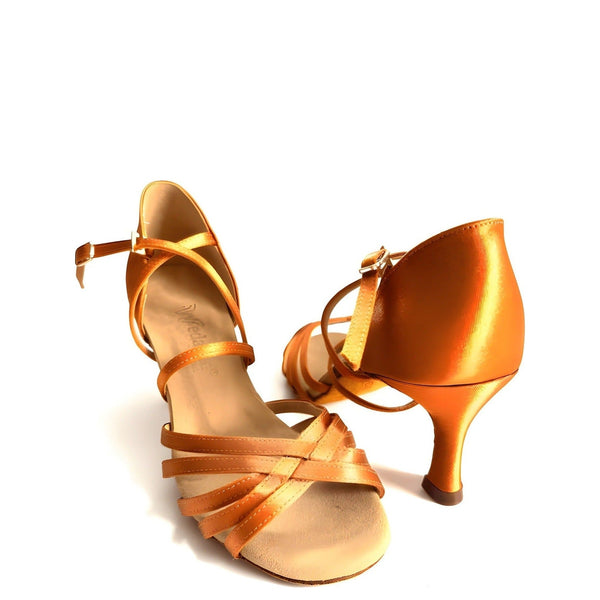 EVA women's Latin dance shoes in tan satin — a common first pair