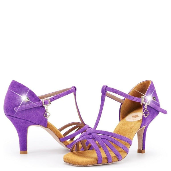 Candy WL009 purple lux suede Latin dance shoes — open toe, T-strap and ankle strap