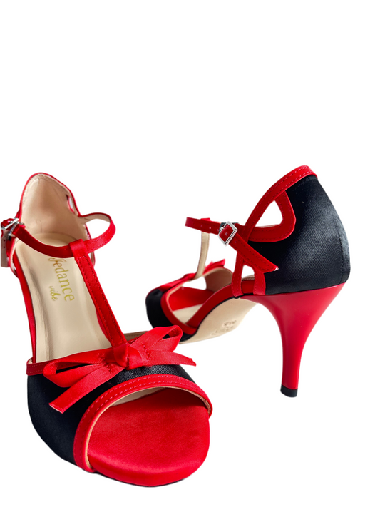 Milonga – Black & Red Bow Tango Shoes with 7.5 cm Red Heel