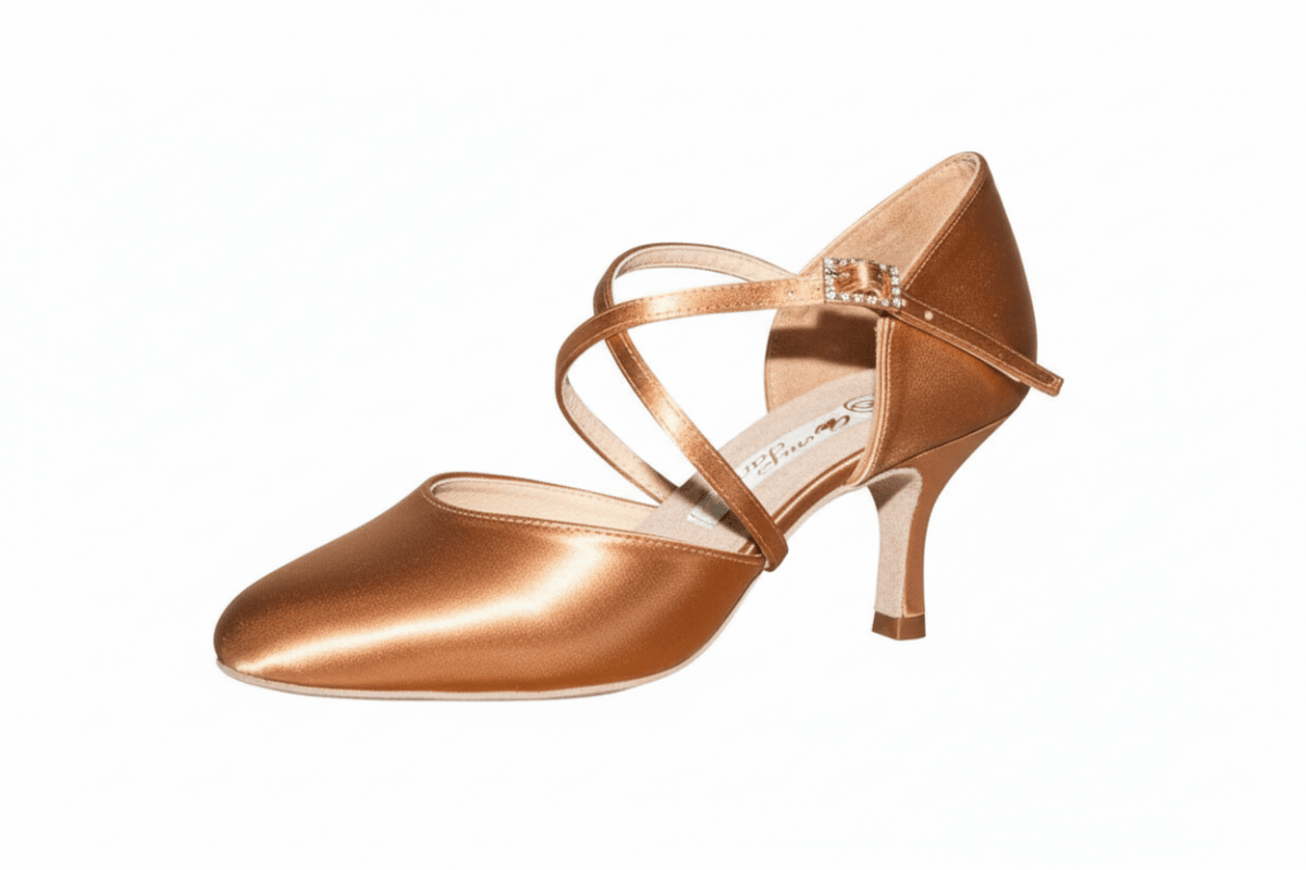 Bronze Aida dance shoe with a strappy design on a white background