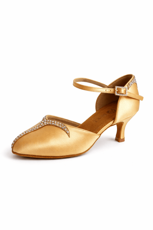 159B Smooth Ballroom Performance Shoes for Women, Heel: 2”, 2.5”– Tan Satin, Rhinestone Embellished, Comfortable Dance Heels - BD Dance - Wedance