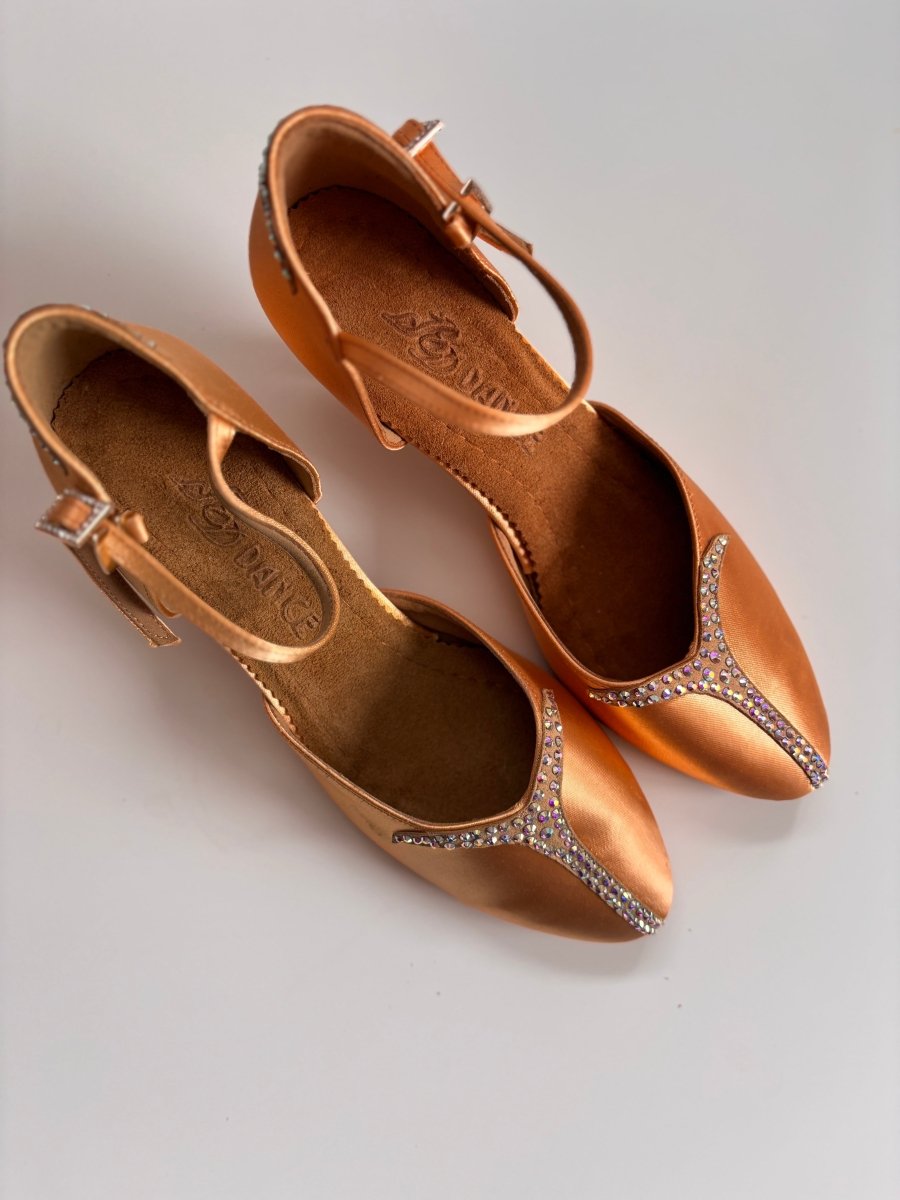 159B Smooth Ballroom Performance Shoes for Women – Tan Satin, Rhinestone Embellished, Comfortable Dance Heels - BD Dance - Wedance
