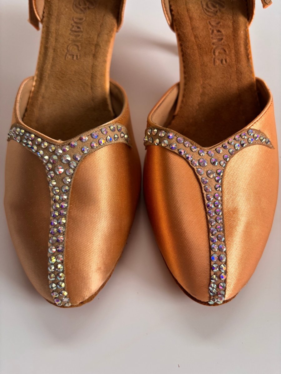159B Smooth Ballroom Performance Shoes for Women – Tan Satin, Rhinestone Embellished, Comfortable Dance Heels - BD Dance - Wedance