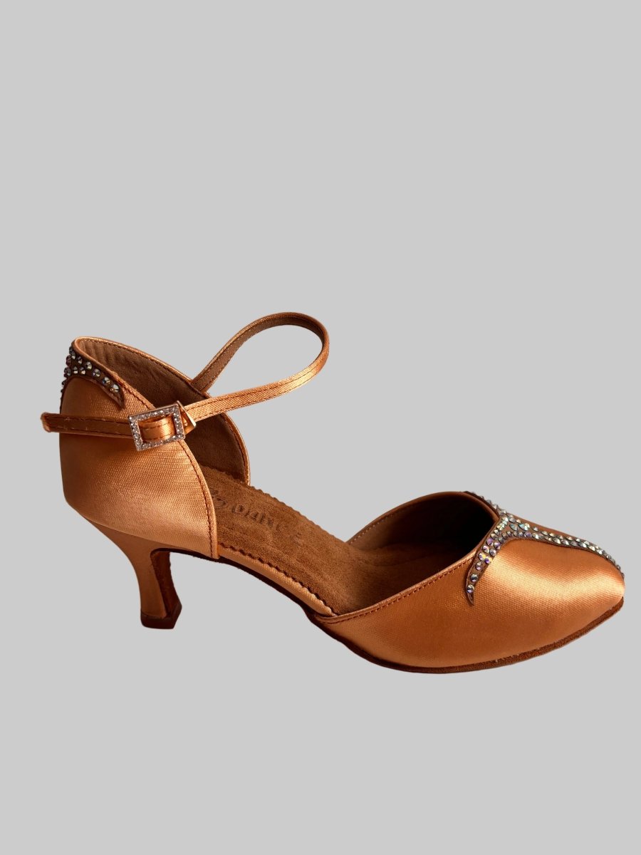 159B Smooth Ballroom Performance Shoes for Women – Tan Satin, Rhinestone Embellished, Comfortable Dance Heels - BD Dance - Wedance