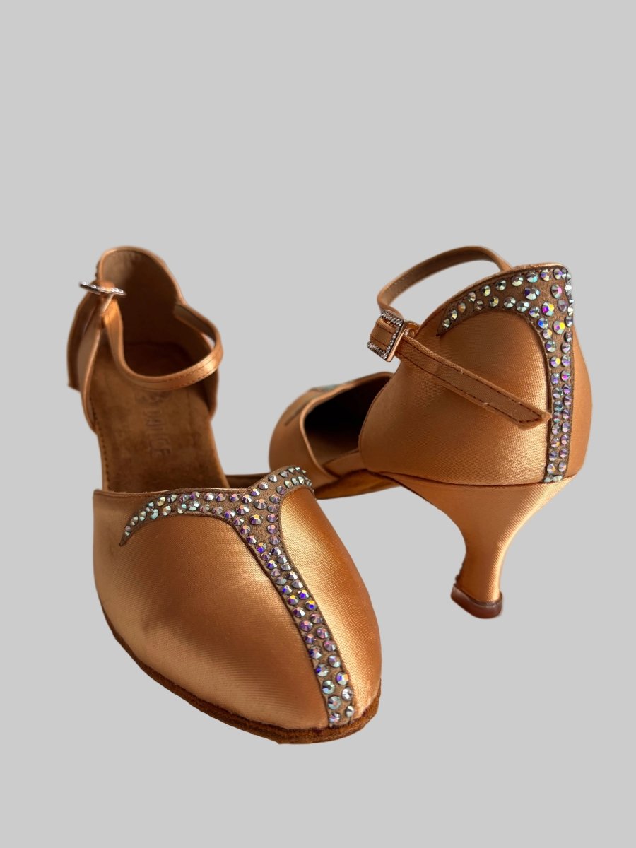159B Smooth Ballroom Performance Shoes for Women – Tan Satin, Rhinestone Embellished, Comfortable Dance Heels - BD Dance - Wedance