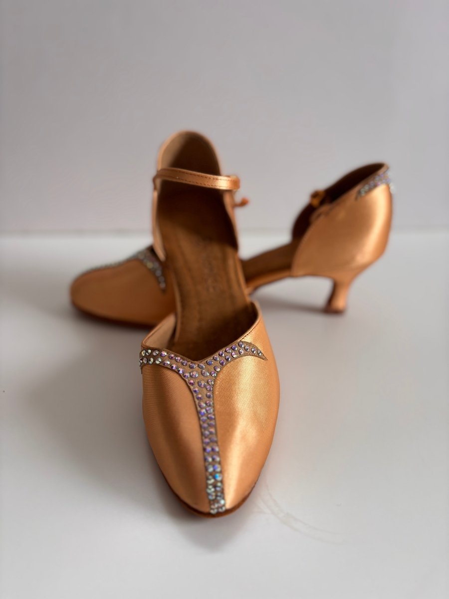 159B Smooth Ballroom Performance Shoes for Women – Tan Satin, Rhinestone Embellished, Comfortable Dance Heels - BD Dance - Wedance