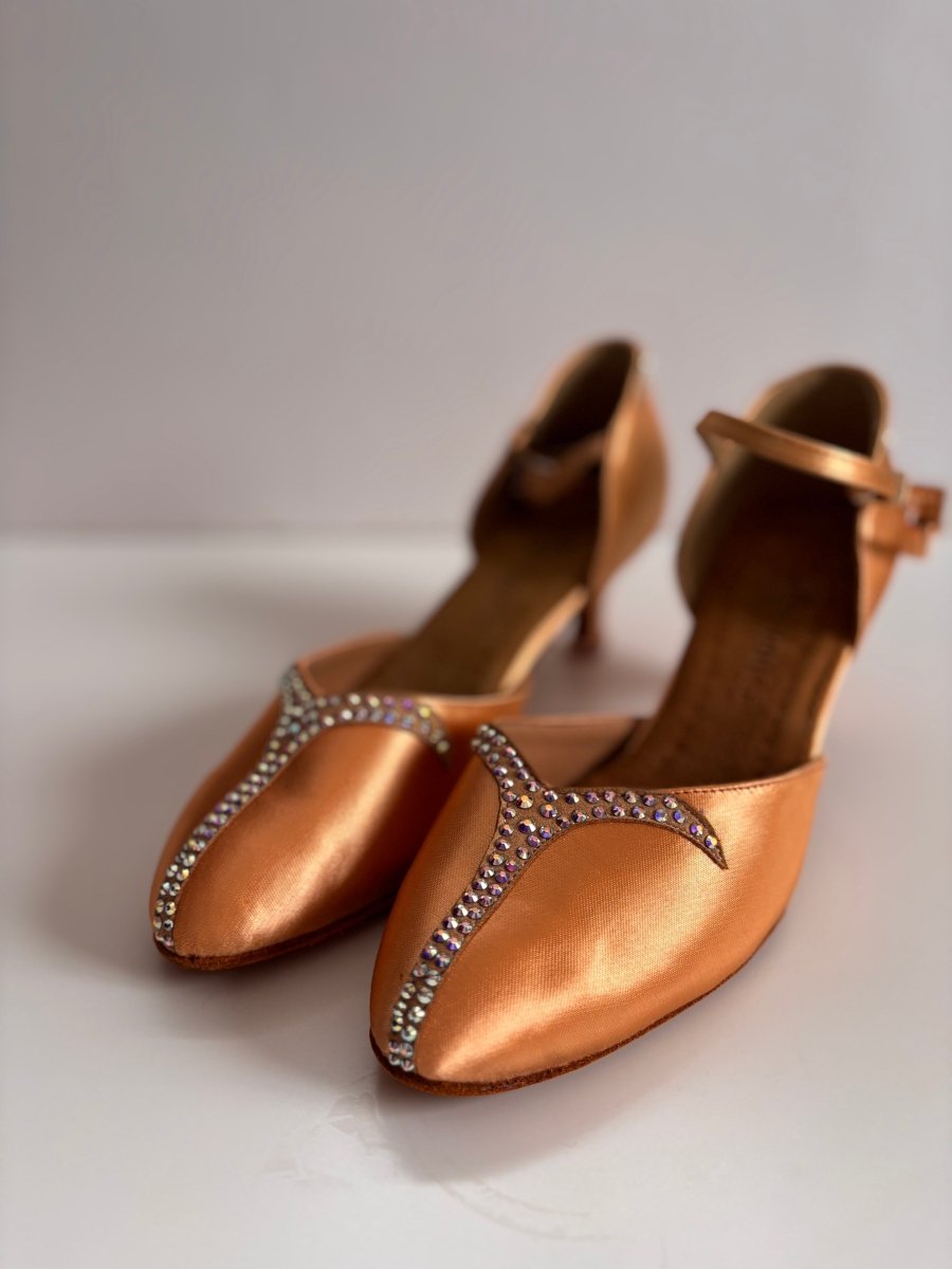 159B Smooth Ballroom Performance Shoes for Women – Tan Satin, Rhinestone Embellished, Comfortable Dance Heels - BD Dance - Wedance