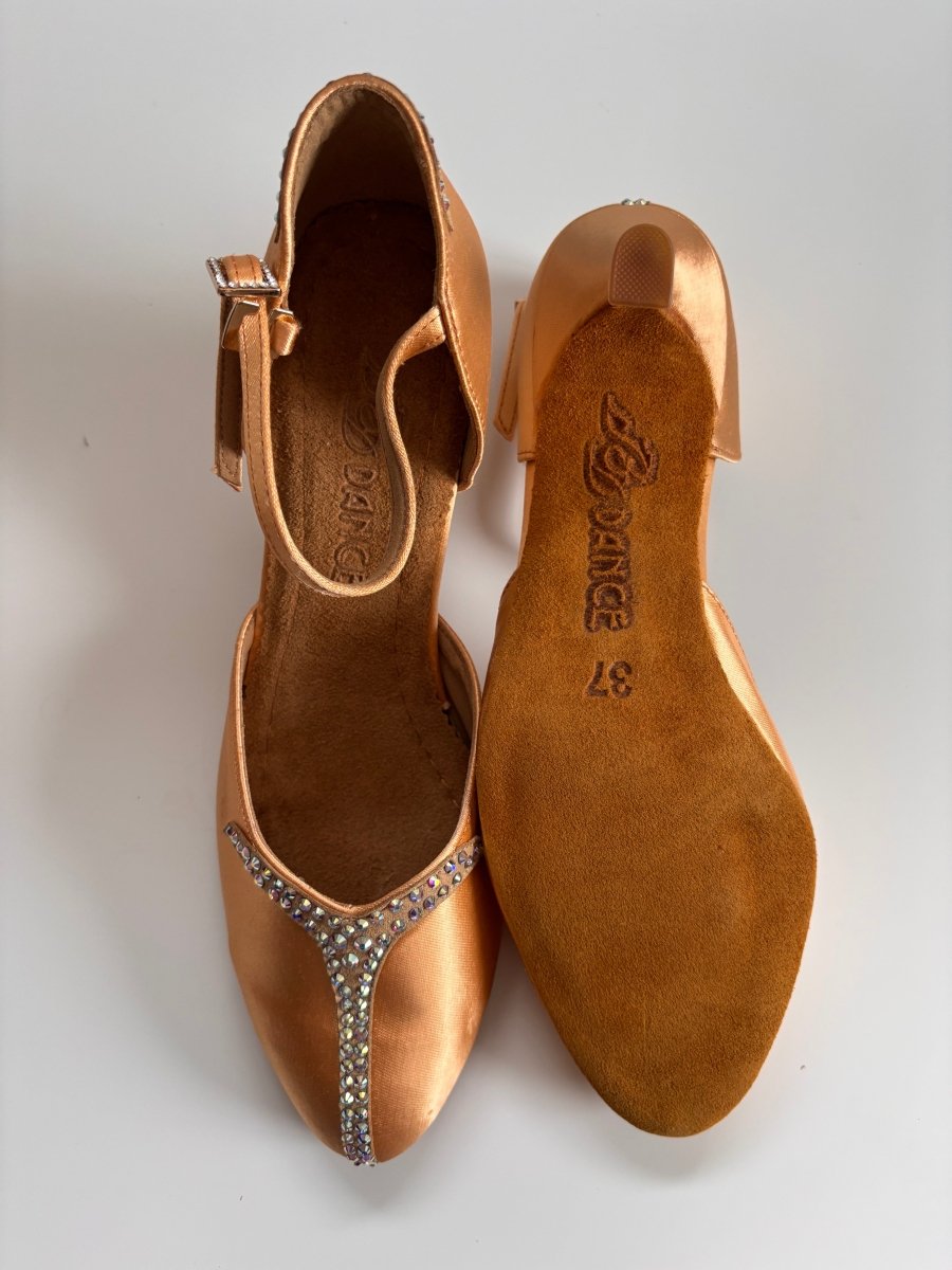 159B Smooth Ballroom Performance Shoes for Women – Tan Satin, Rhinestone Embellished, Comfortable Dance Heels - BD Dance - Wedance