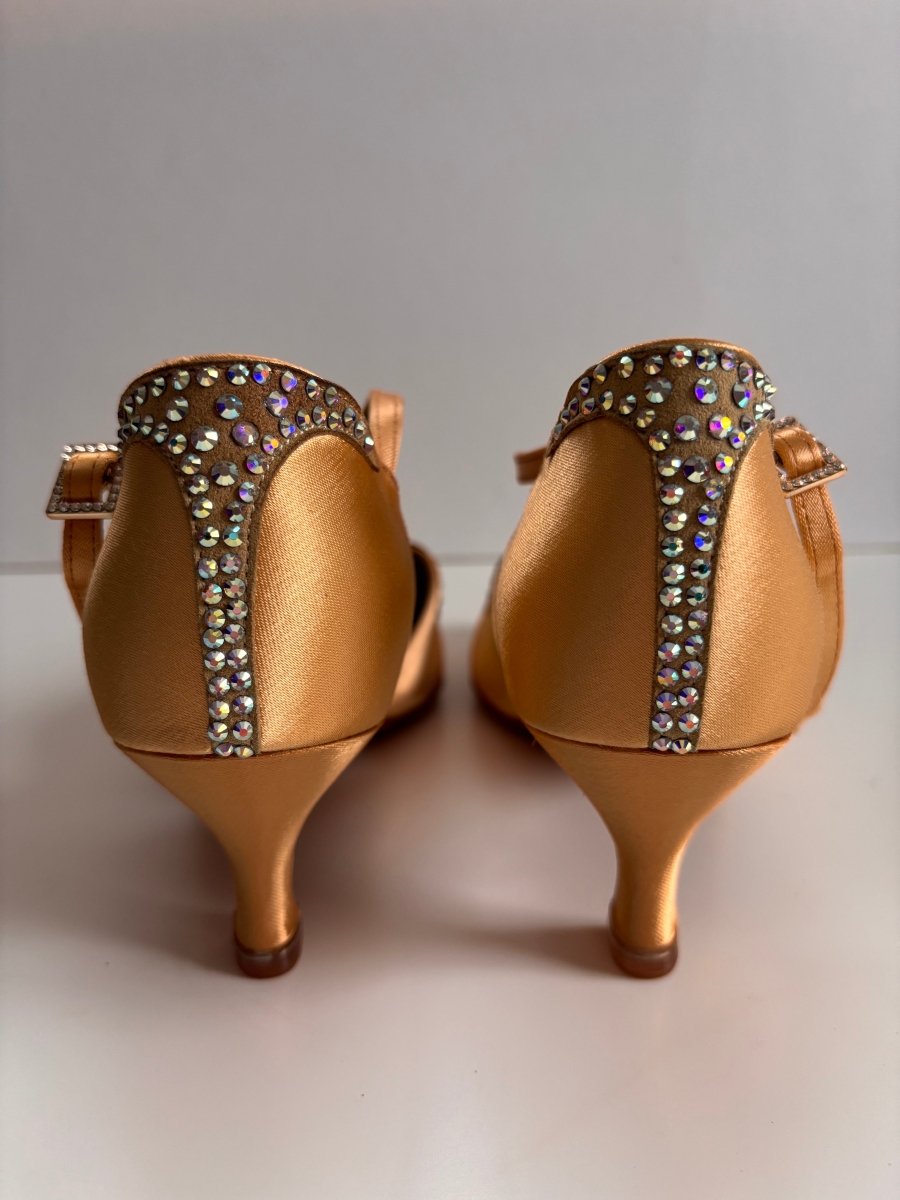 159B Smooth Ballroom Performance Shoes for Women – Tan Satin, Rhinestone Embellished, Comfortable Dance Heels - BD Dance - Wedance