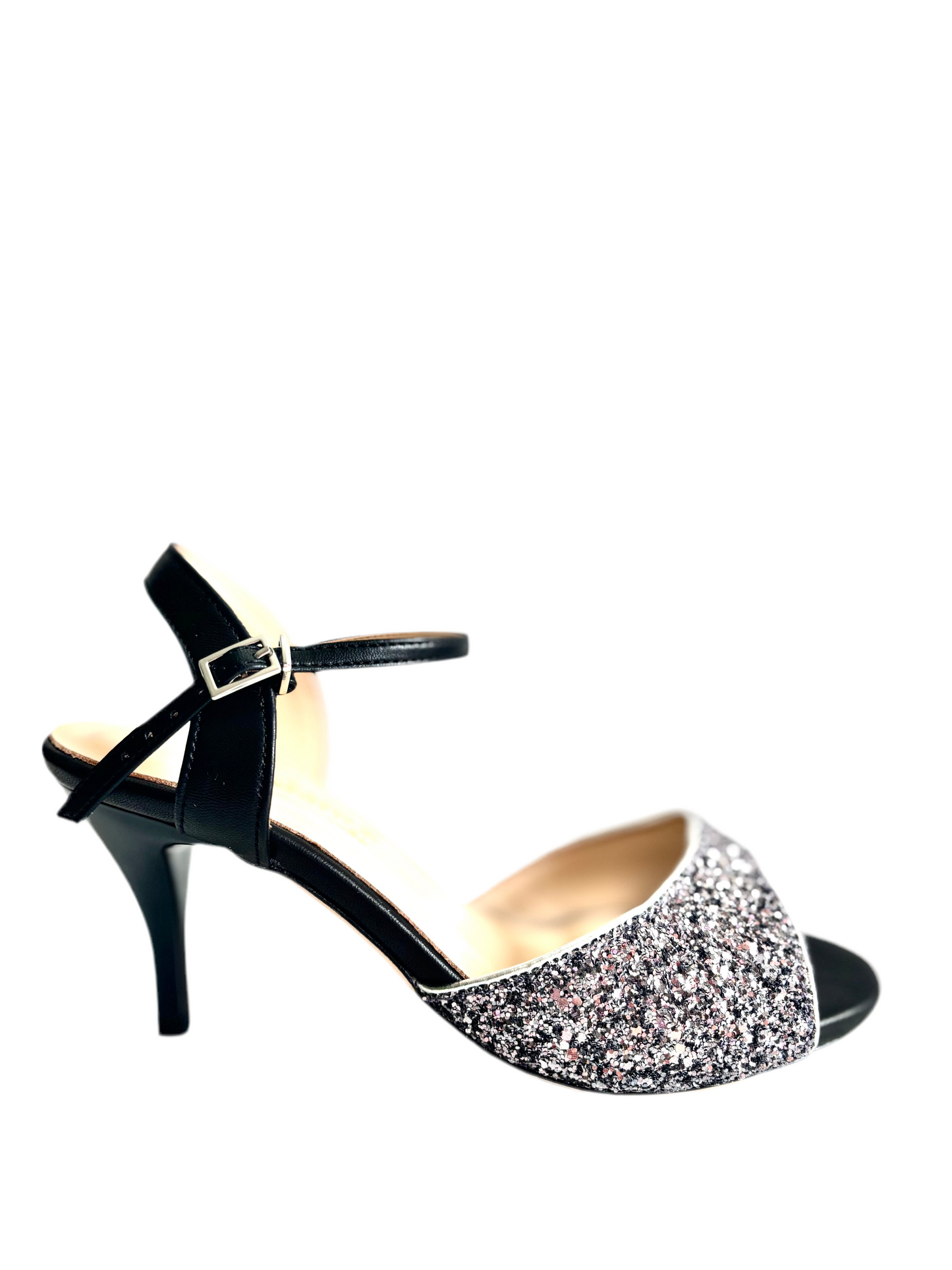 Stella – Black & Glitter Ankle Strap Tango Shoe, 7.5 cm Heel