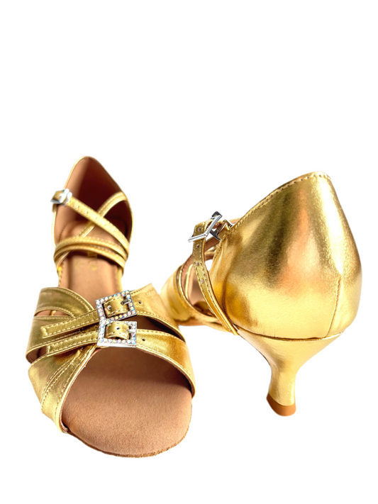 WV 1414 Elegant Gold Latin Dance Shoes - 5.5cm slim heel, Wide