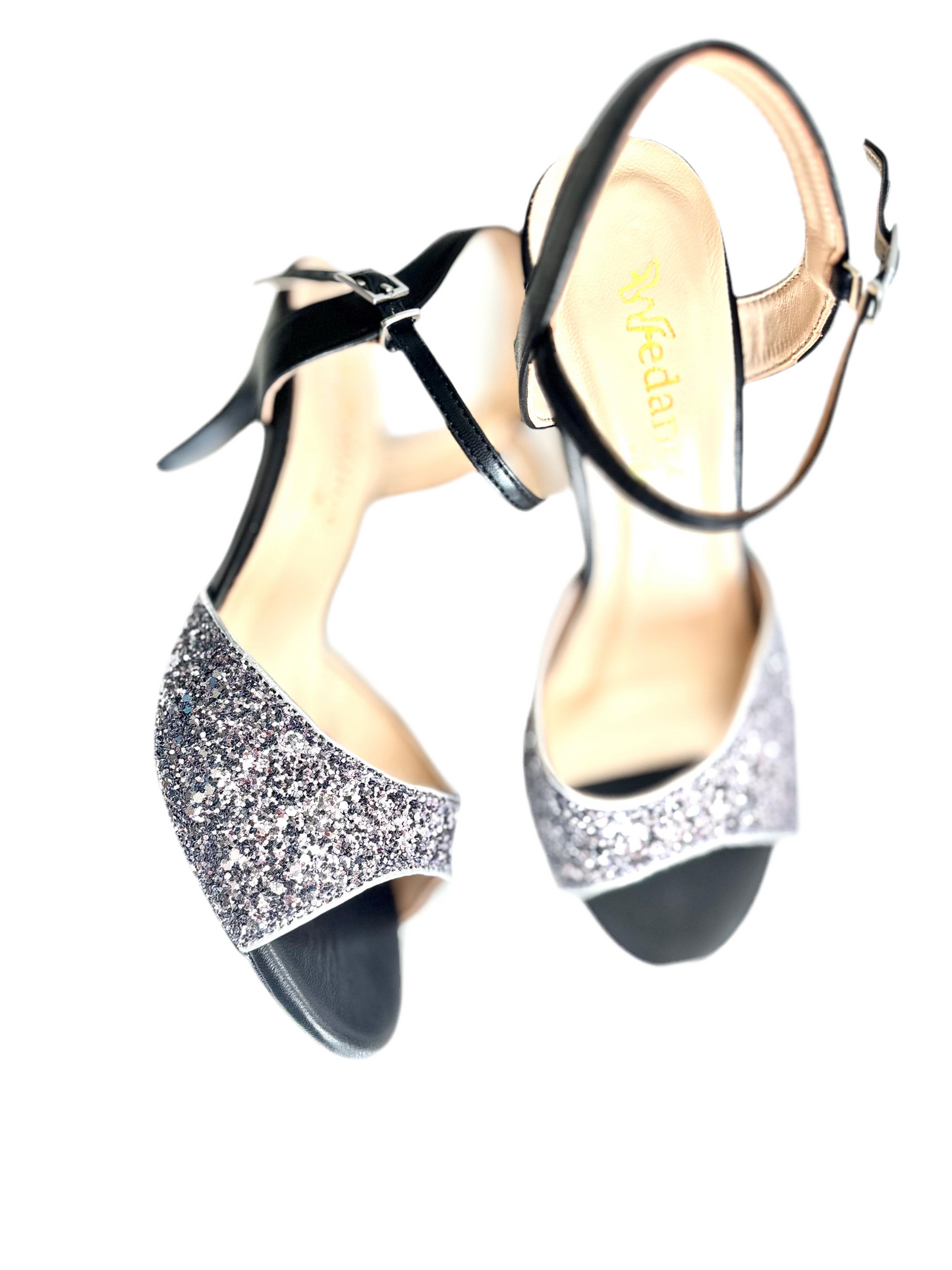 Stella – Black & Glitter Ankle Strap Tango Shoe, 7.5 cm Heel