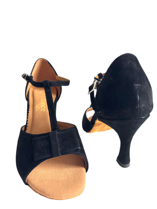 WV 1405 Women’s Black Suede Latin Dance Shoes – T-Strap, 7.5cm Heel