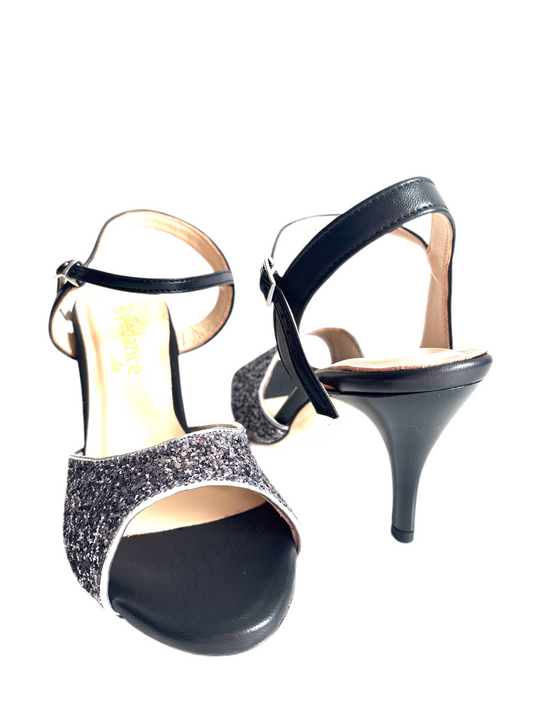 Stella – Black & Glitter Ankle Strap Tango Shoe, 7.5 cm Heel