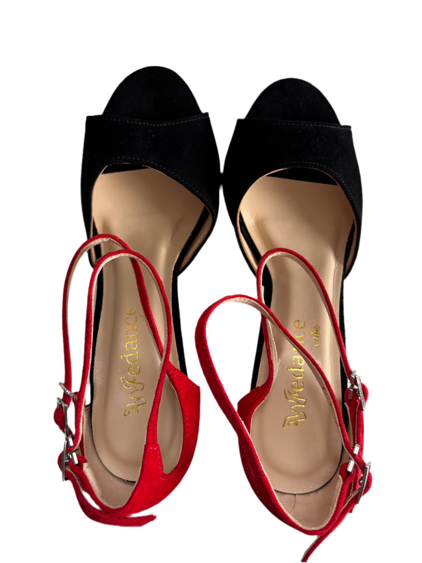 Coralina – Black & Red Suede Salsa, Tango Shoes with 7.5 cm Red Heel, Wide