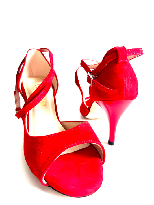 Roja Cross – Red Suede Tango Shoes with 7.5 cm Heel and Crisscross Ankle Strap (Wide Fit)