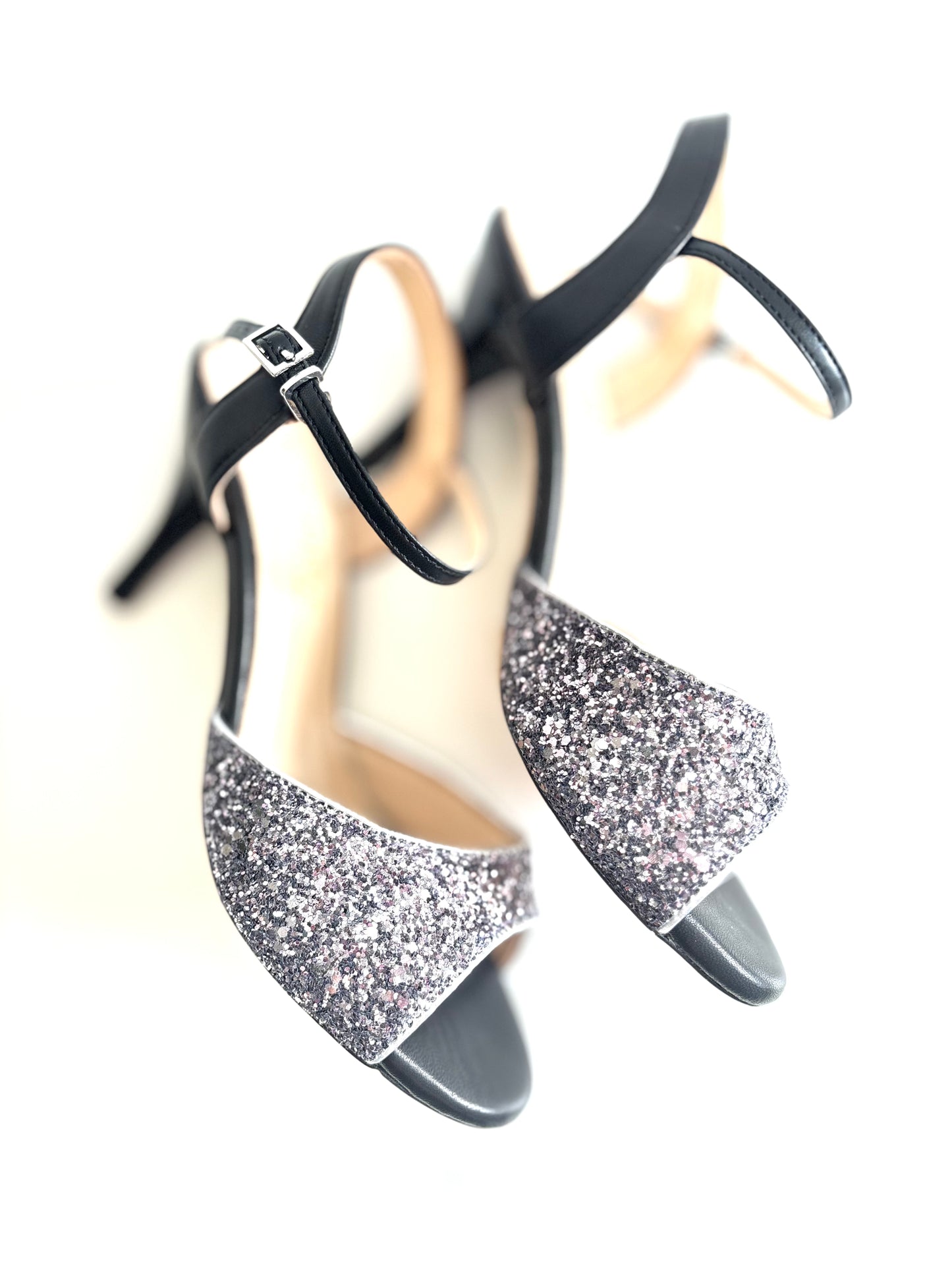 Stella – Black & Glitter Ankle Strap Tango Shoe, 7.5 cm Heel