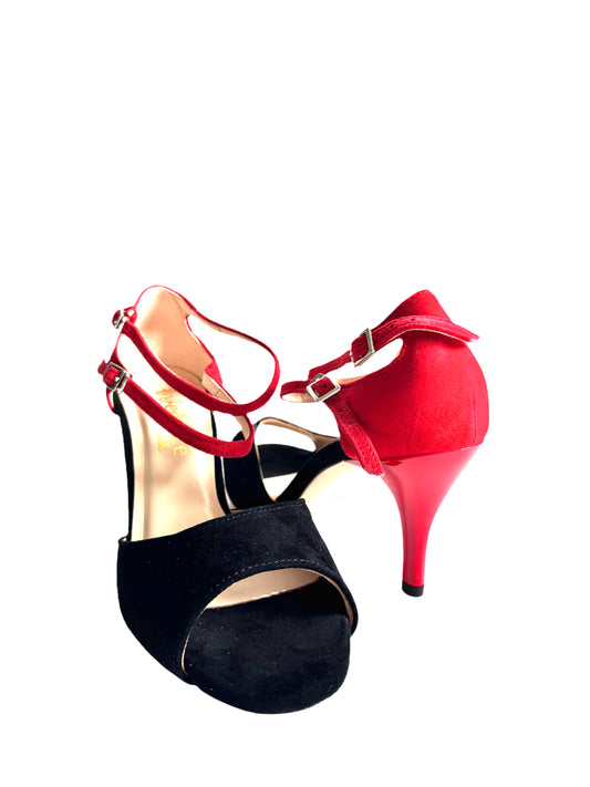 Coralina – Black & Red Suede Salsa, Tango Shoes with 7.5 cm Red Heel, Wide