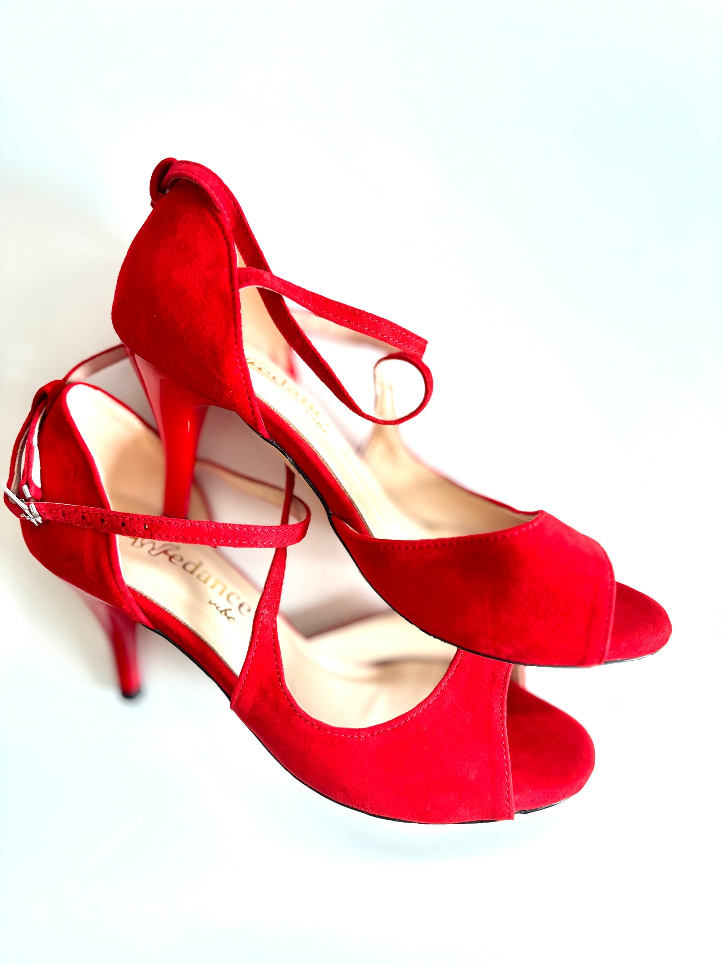 Roja Cross – Red Suede Tango Shoes with 7.5 cm Heel and Crisscross Ankle Strap (Wide Fit)