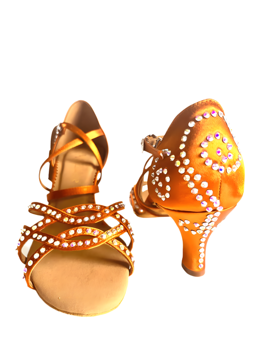 Aurora Crystal Latin Dance Heels – Bronze Satin, 2.5”, Wide upscaled