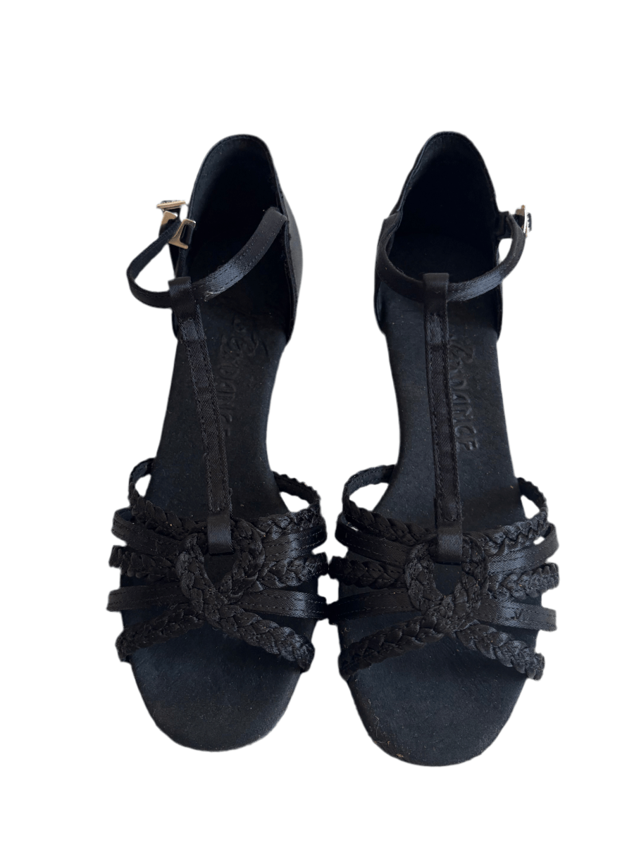 BD Dance Women's Latin Dance Shoes, Black Satin, Natural Suede Insole, 55mm/ 2’ heel, Salsa, Bachata