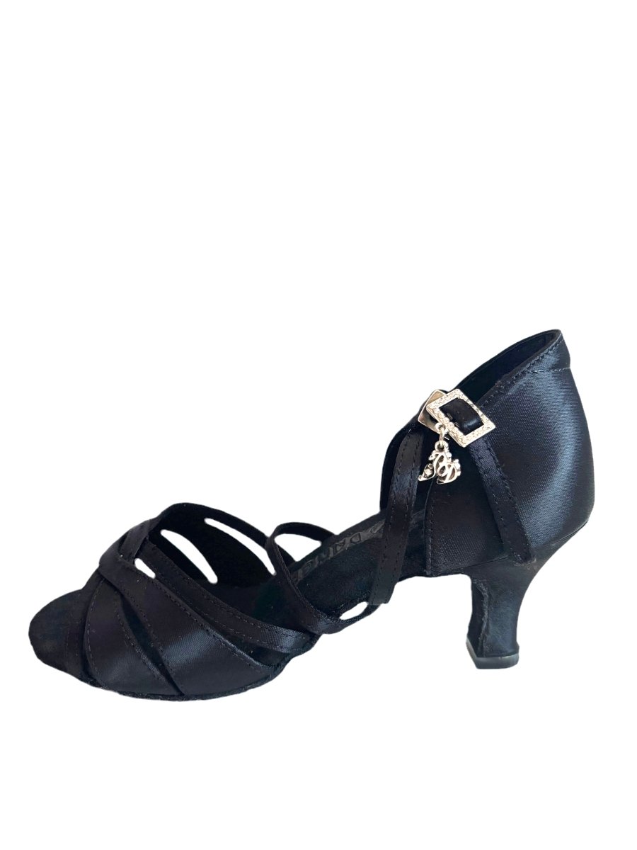 BD Dance Women's Latin Dance Shoes, Black Satin, Natural Suede Insole, 65mm/ 2.5’ heel, Salsa, Bachata