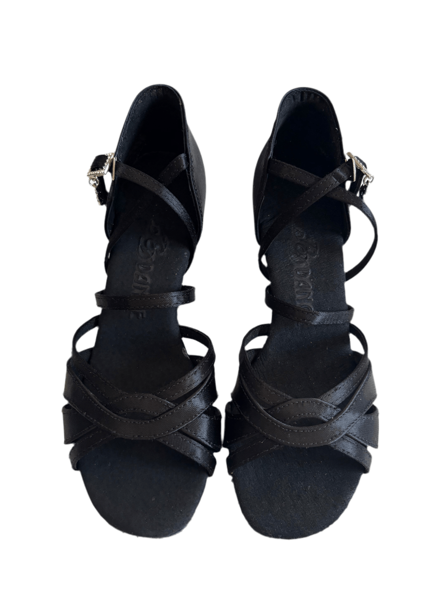 BD Dance Women's Latin Dance Shoes, Black Satin, Natural Suede Insole, 65mm/ 2.5’ heel, Salsa, Bachata