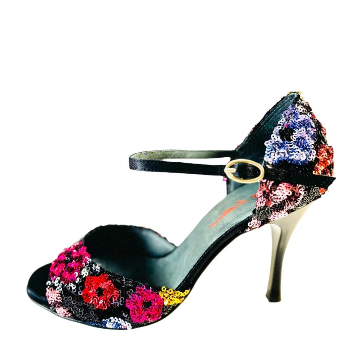 Tango Dance Shoes, Black & Flowers, Rosso Latino
