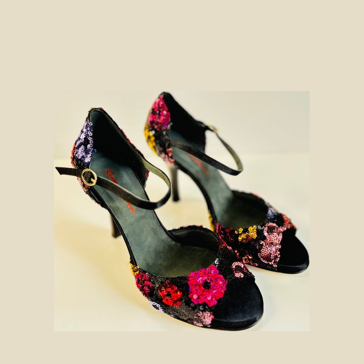 Tango Dance Shoes, Black & Flowers, Rosso Latino