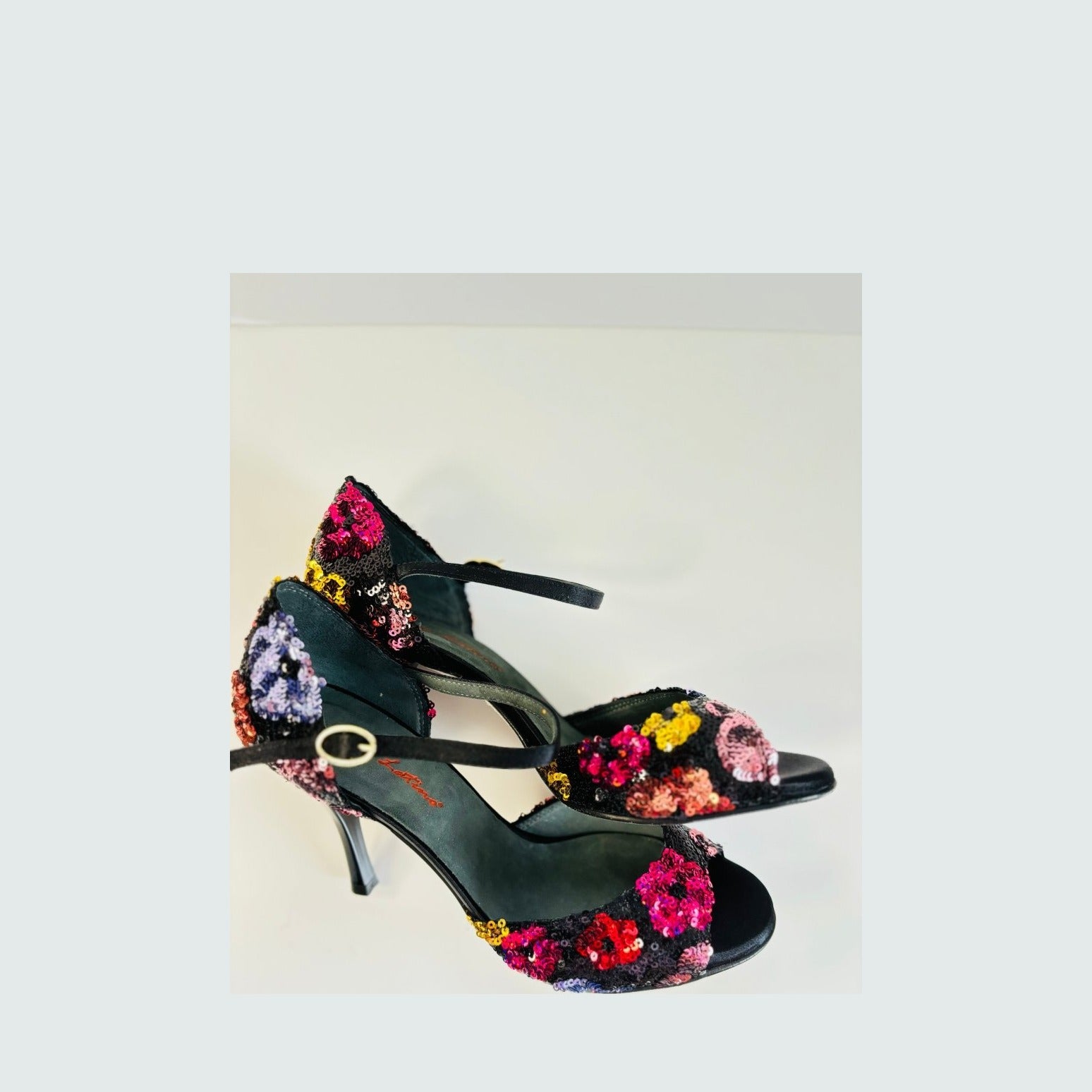 Tango Dance Shoes, Black & Flowers, Rosso Latino
